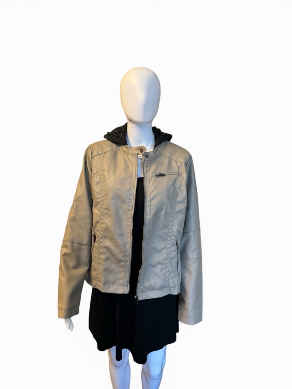 Women’s Light Gray Bomber Jacket with Removable Black Hood